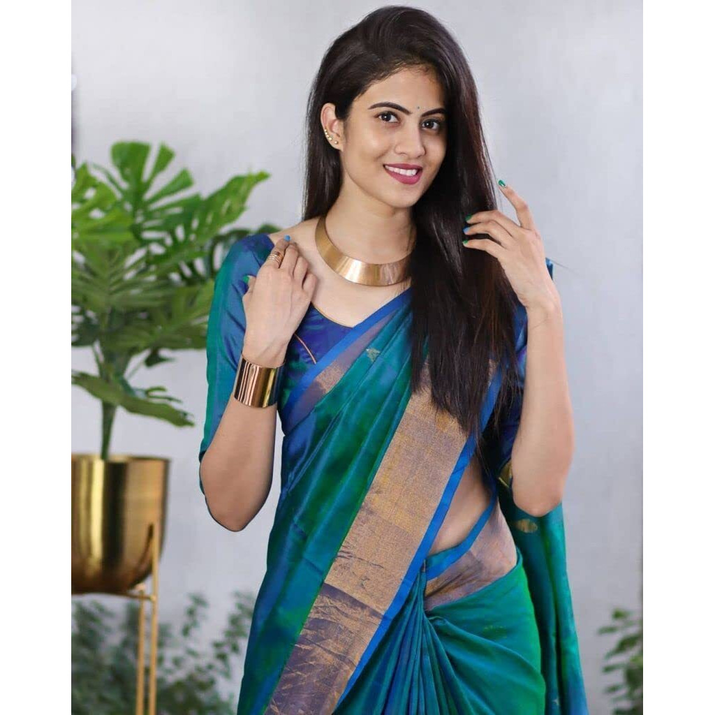 SGF11- Womens Kanjivaram Zari Woven Soft Silk Saree With Unstiched Blouse Piece (Rama Green)