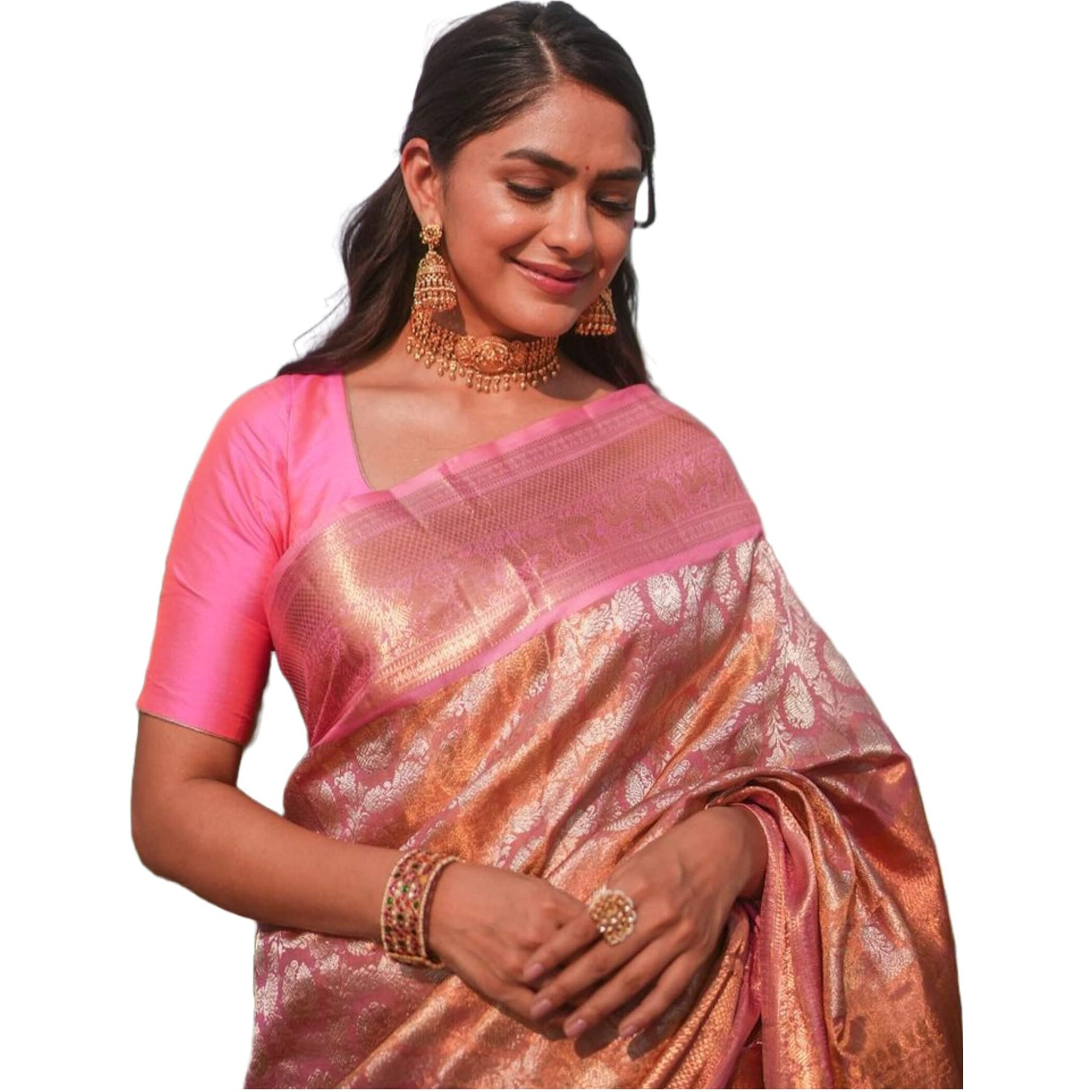 SGF11- Womens Kanjivaram Pure Zari Woven Soft Silk Saree With Blouse Piece (Orange Pink)