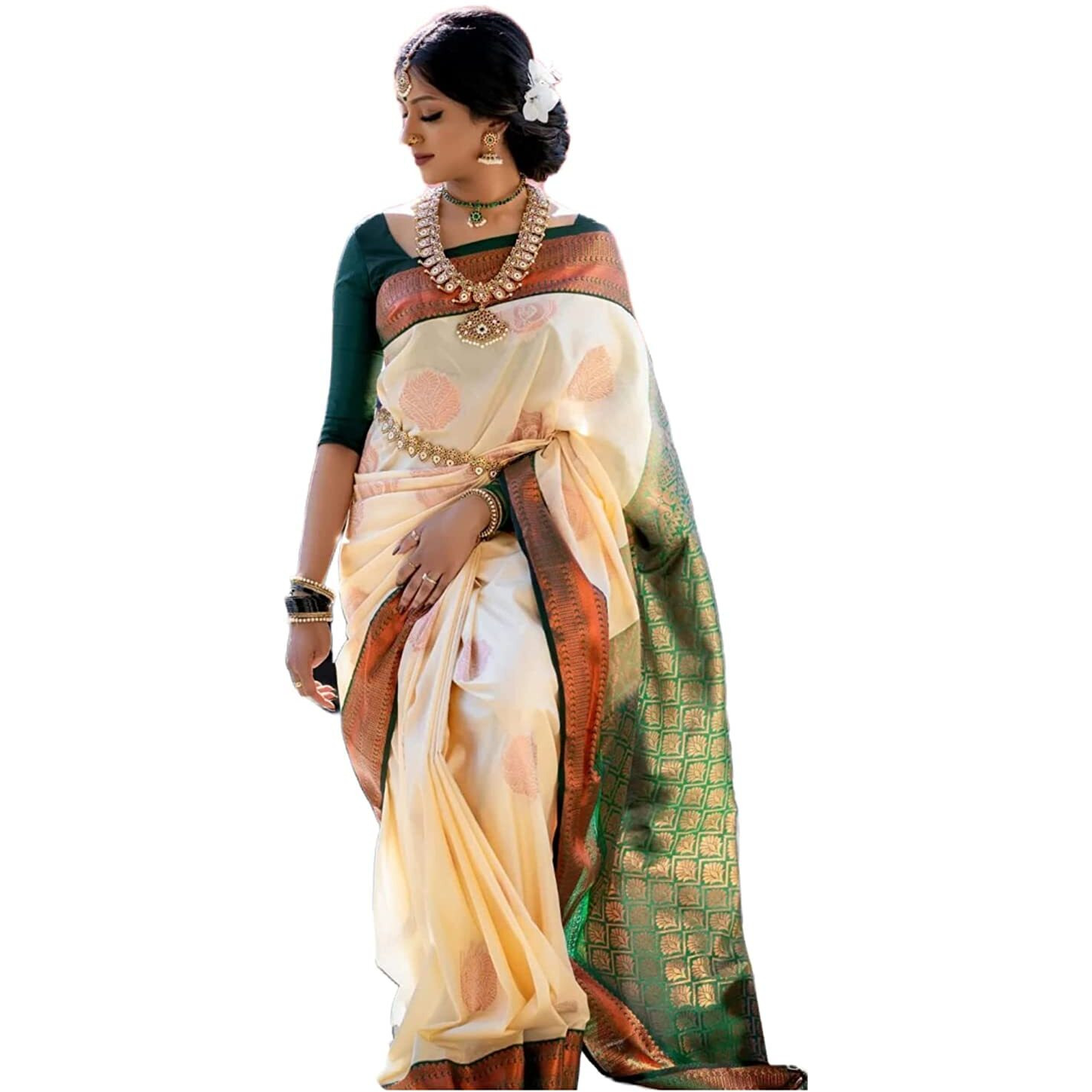 SGF11 Womens Kanjivaram Soft Silk Saree With Blouse Piece (White Green)