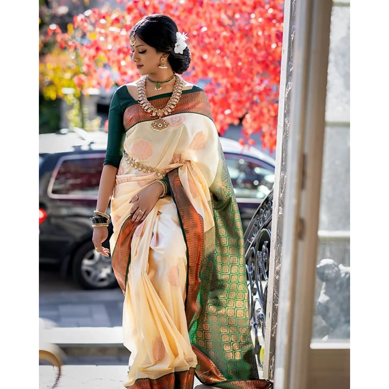SGF11 Womens Kanjivaram Soft Silk Saree With Blouse Piece (White Green)