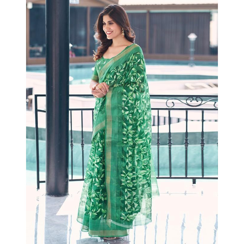 SIRIL Womens Cotton Floral Printed Saree With Unstitched Blouse Piece (3611S1276_Green)