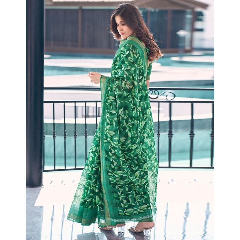 SIRIL Womens Cotton Floral Printed Saree With Unstitched Blouse Piece (3611S1276_Green)