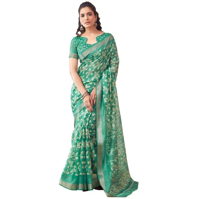 SIRIL Womens Cotton Printed Zari Stripe Saree With Unstitched Blouse Piece (3512S1153_Green)