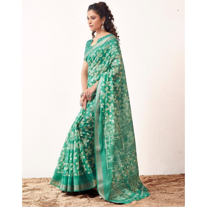 SIRIL Womens Cotton Printed Zari Stripe Saree With Unstitched Blouse Piece (3512S1153_Green)