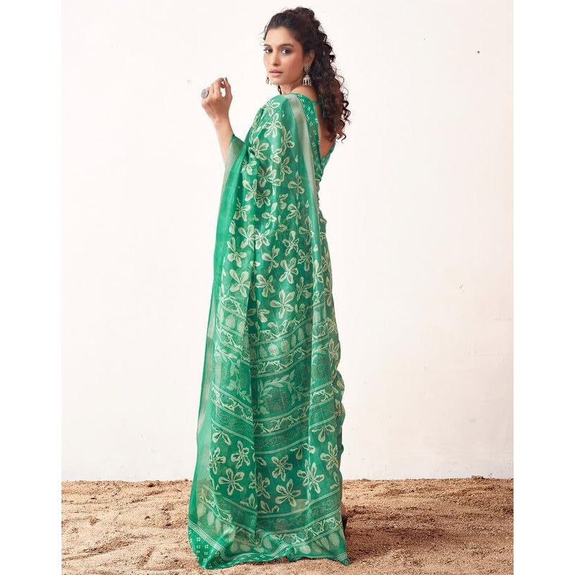 SIRIL Womens Cotton Printed Zari Stripe Saree With Unstitched Blouse Piece (3512S1153_Green)