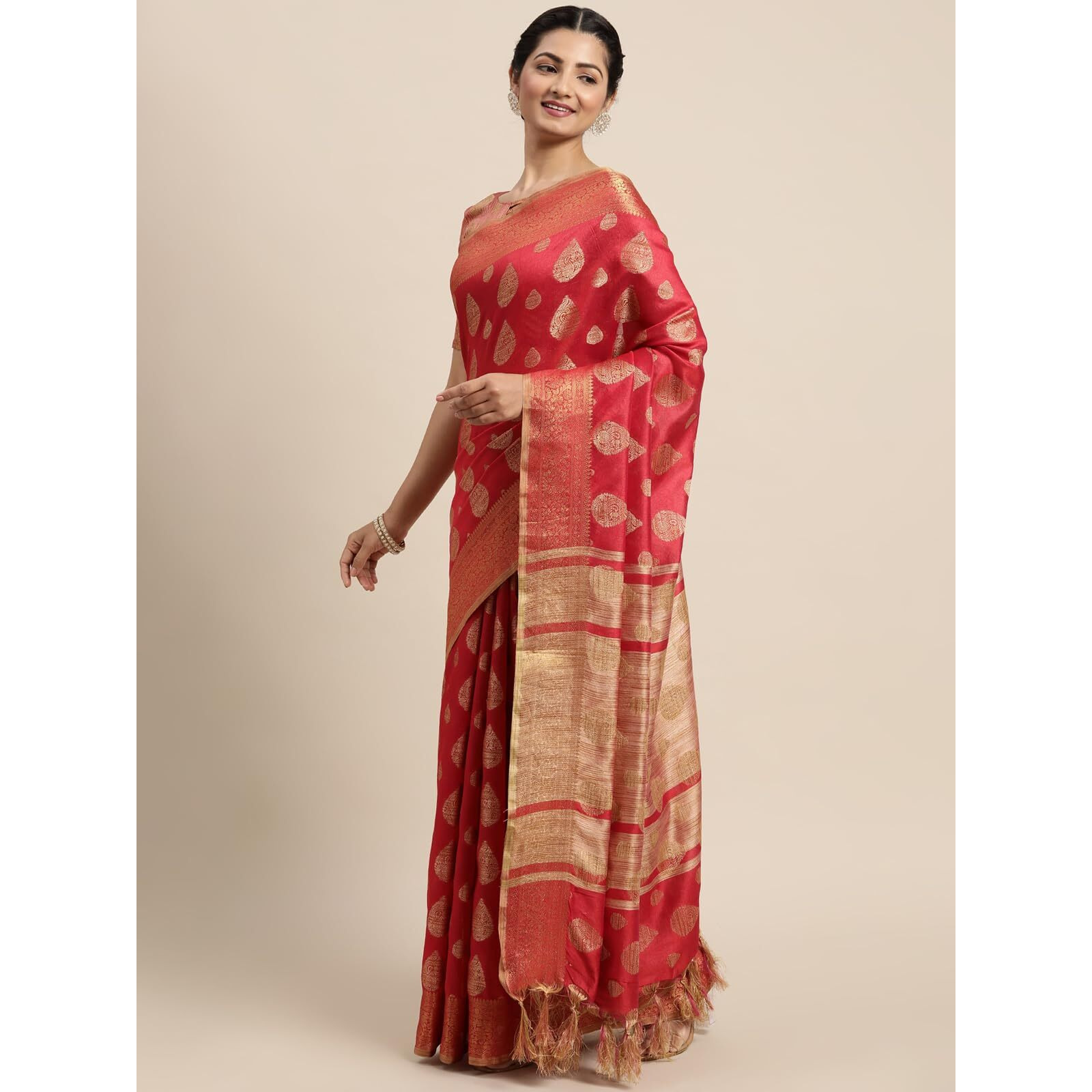 SIRIL Womens Jacquard Cotton Silk Saree with Unstitched Blouse Piece (2497S3015_Red)