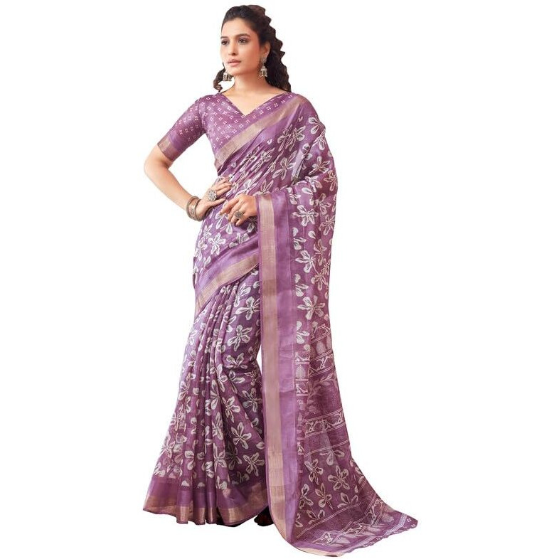 SIRIL Womens Cotton Printed Zari Stripe Saree With Unstitched Blouse Piece (3512S1152_Lavender)