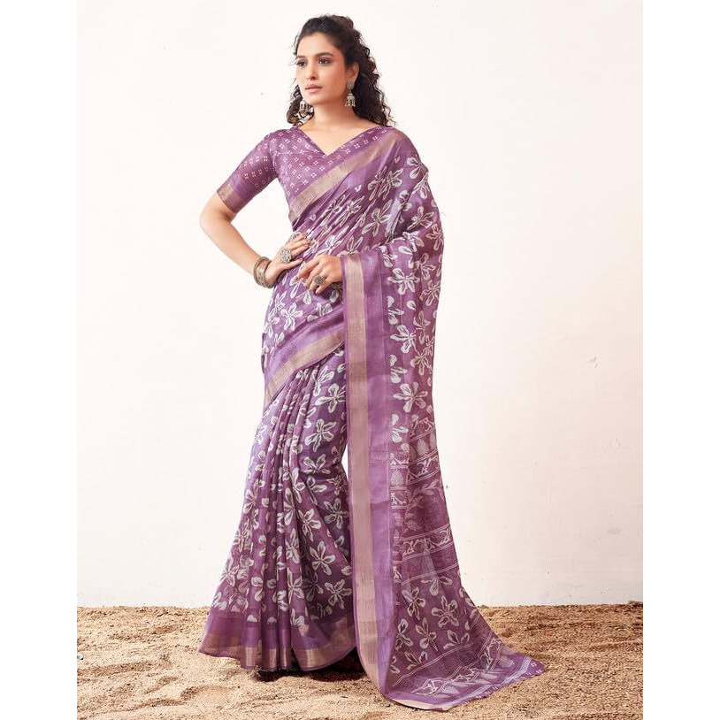 SIRIL Womens Cotton Printed Zari Stripe Saree With Unstitched Blouse Piece (3512S1152_Lavender)