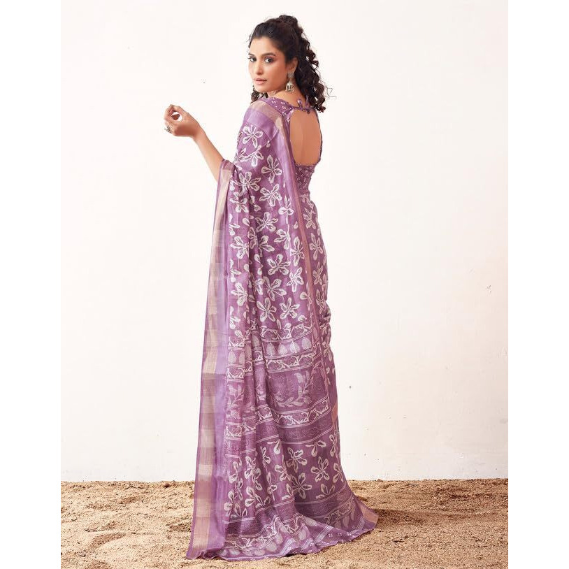 SIRIL Womens Cotton Printed Zari Stripe Saree With Unstitched Blouse Piece (3512S1152_Lavender)
