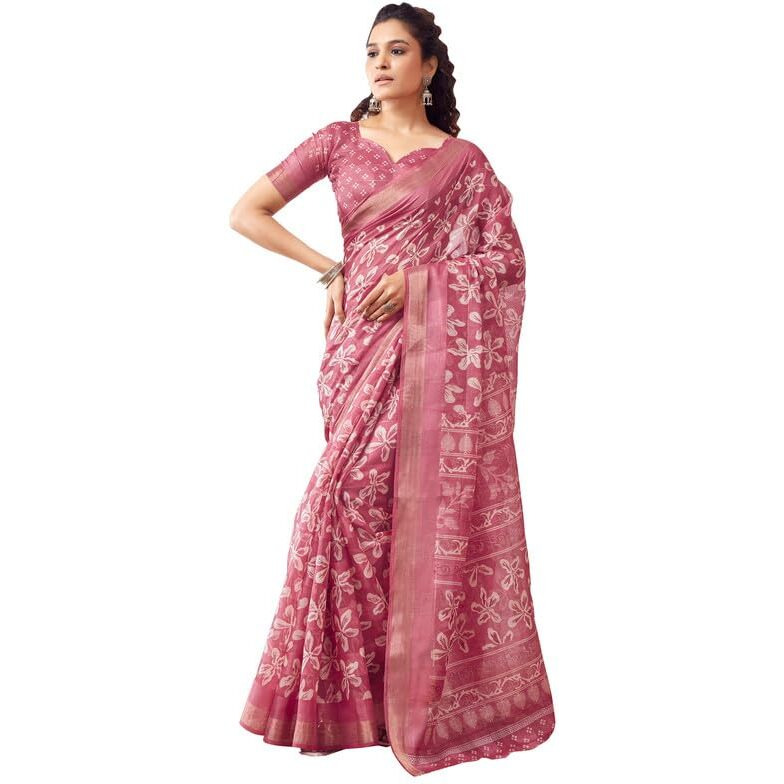 SIRIL Womens Cotton Printed Zari Stripe Saree With Unstitched Blouse Piece (3512S1151_Pink)