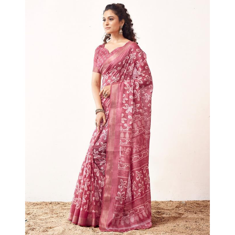 SIRIL Womens Cotton Printed Zari Stripe Saree With Unstitched Blouse Piece (3512S1151_Pink)