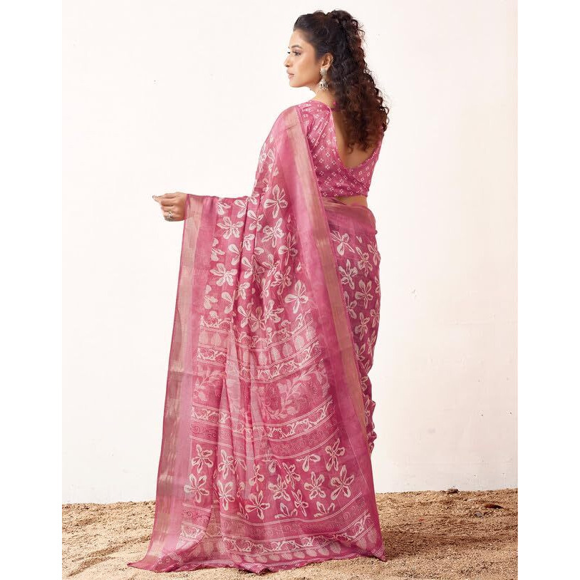 SIRIL Womens Cotton Printed Zari Stripe Saree With Unstitched Blouse Piece (3512S1151_Pink)