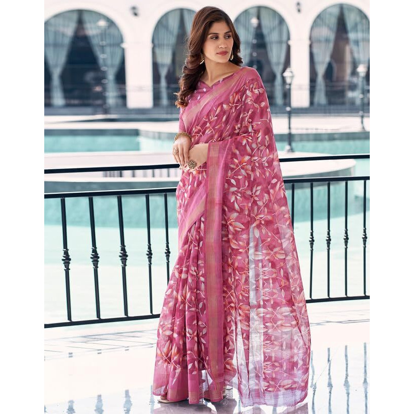 SIRIL Womens Cotton Floral Printed Saree With Unstitched Blouse Piece (3611S1278_Pink)