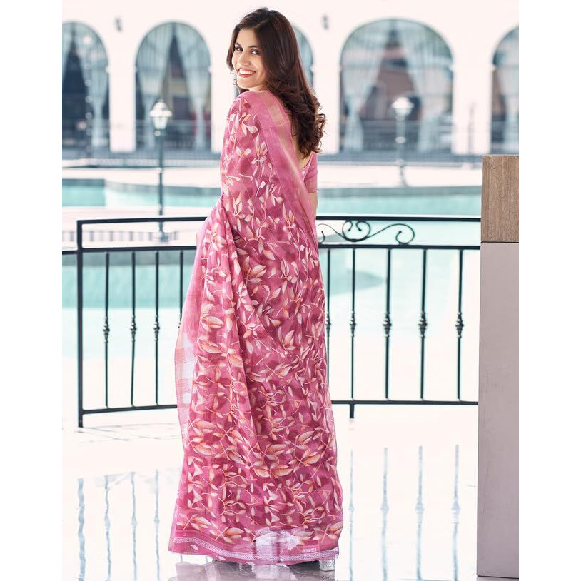 SIRIL Womens Cotton Floral Printed Saree With Unstitched Blouse Piece (3611S1278_Pink)
