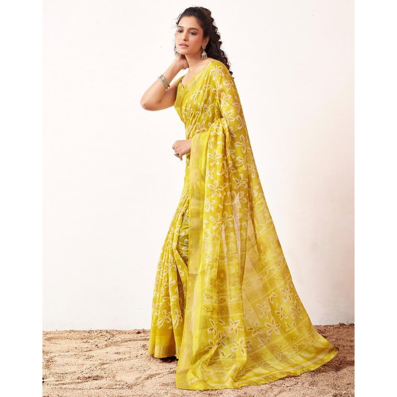 SIRIL Womens Cotton Printed Zari Stripe Saree With Unstitched Blouse Piece (3512S1154_Yellow)