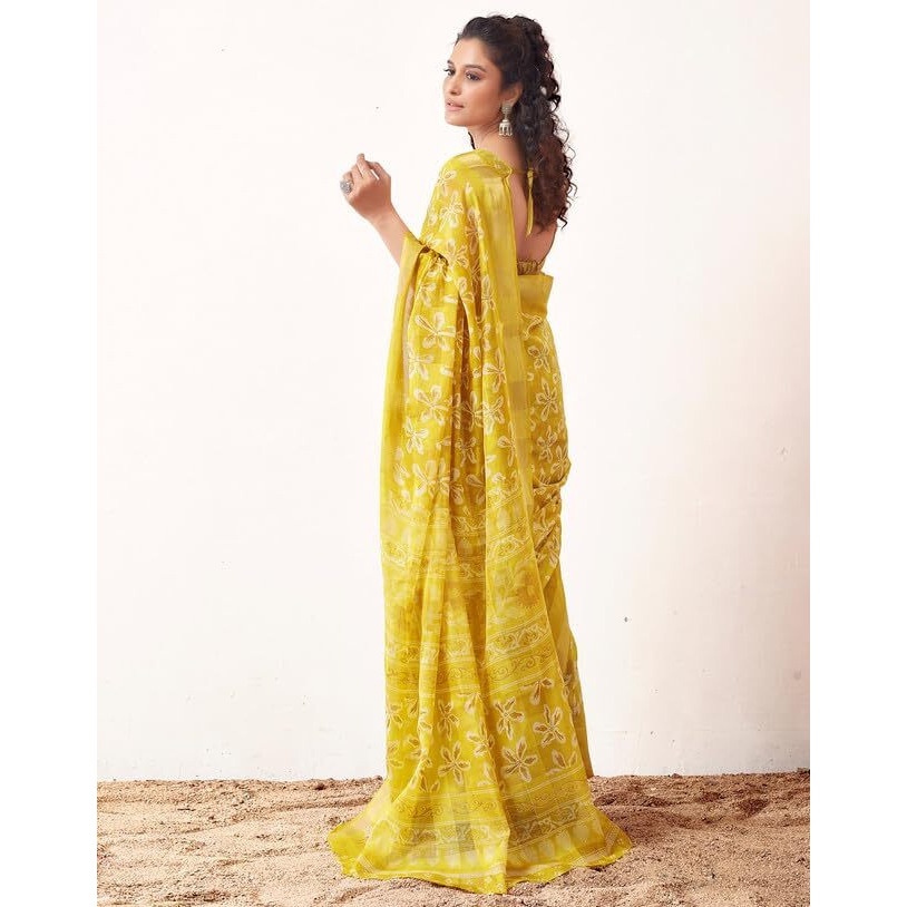 SIRIL Womens Cotton Printed Zari Stripe Saree With Unstitched Blouse Piece (3512S1154_Yellow)