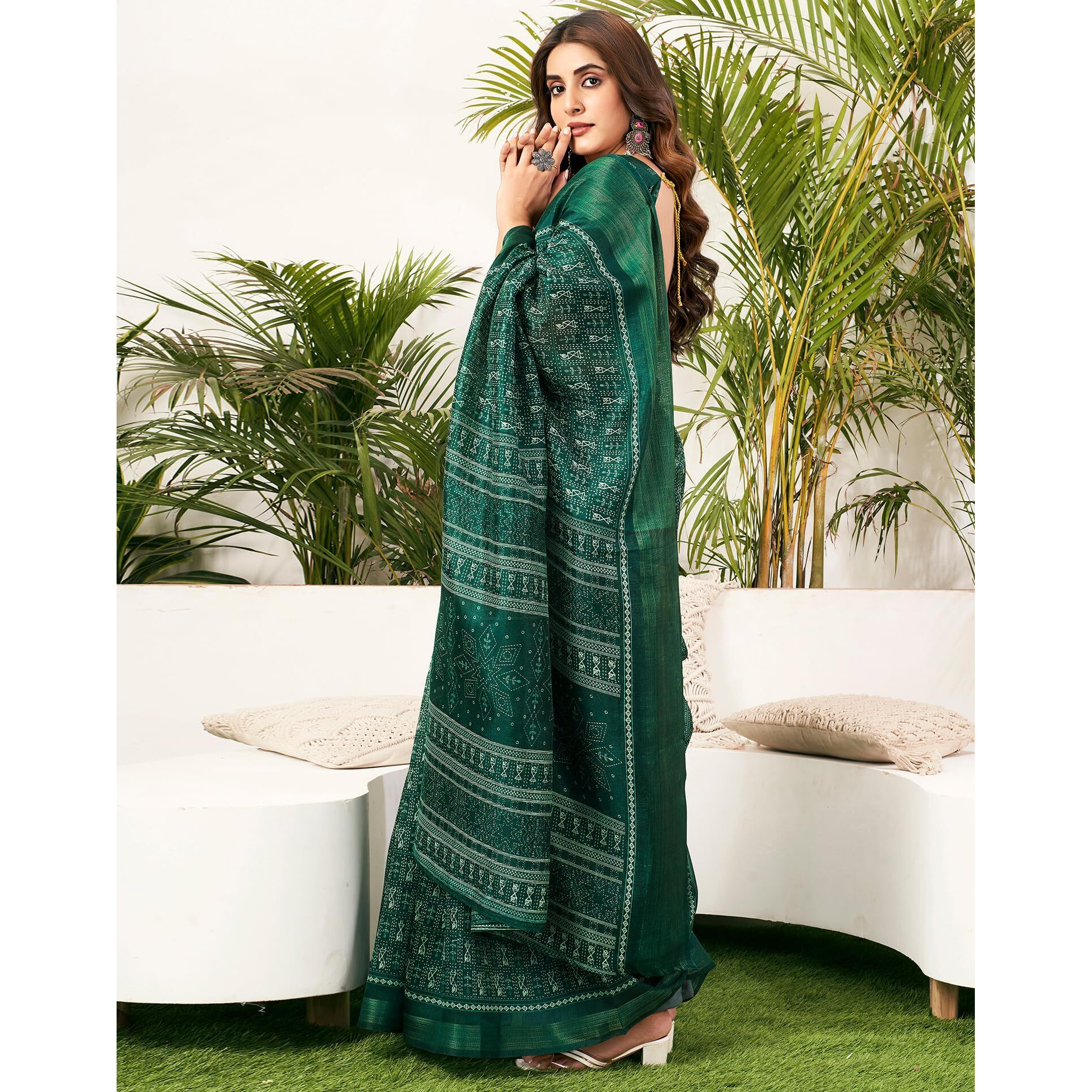 SIRIL Womens Cotton Blend Varli Printed Zari Stripe Border Saree With Unstitched Blouse Piece (3771S152_Dark Green)