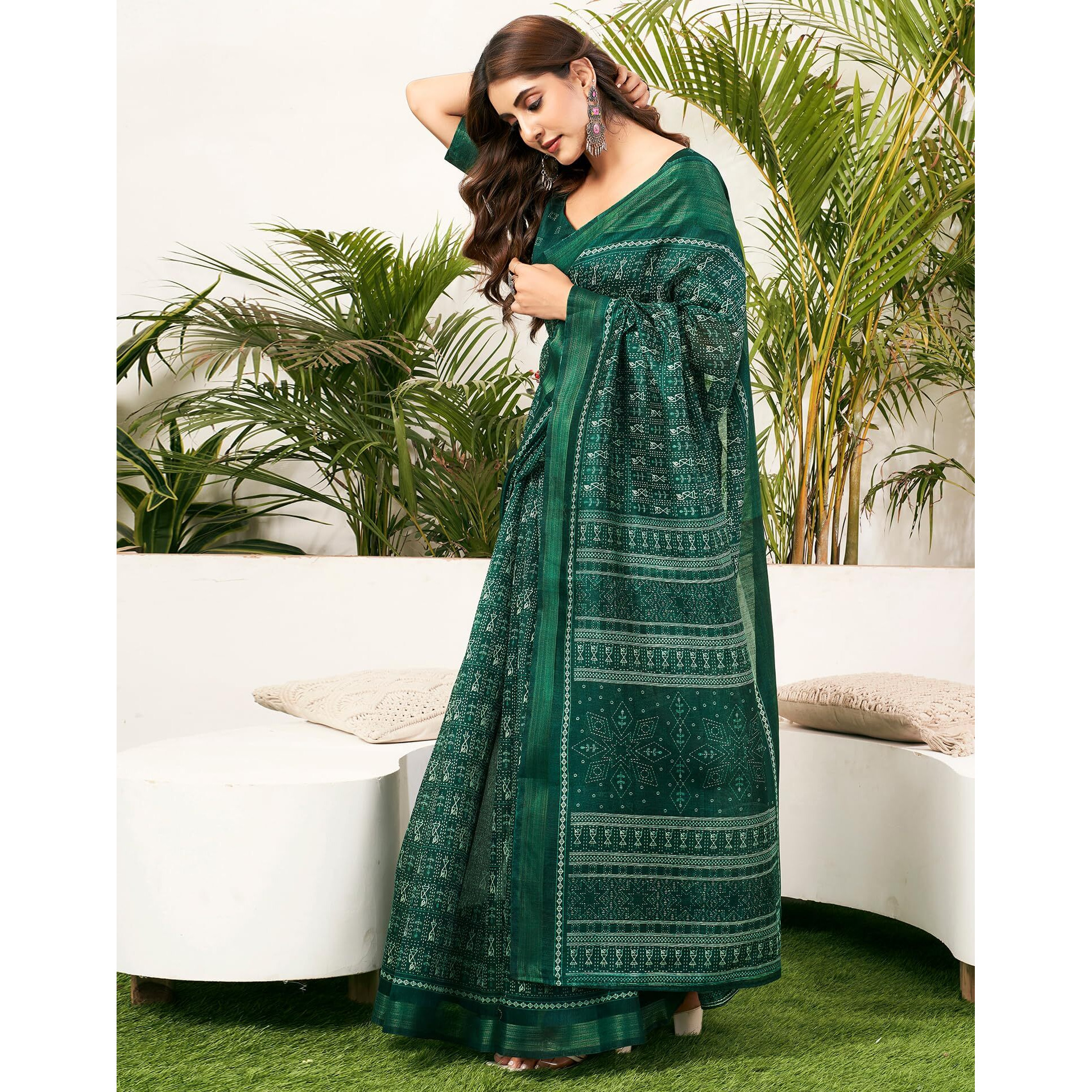 SIRIL Womens Cotton Blend Varli Printed Zari Stripe Border Saree With Unstitched Blouse Piece (3771S152_Dark Green)