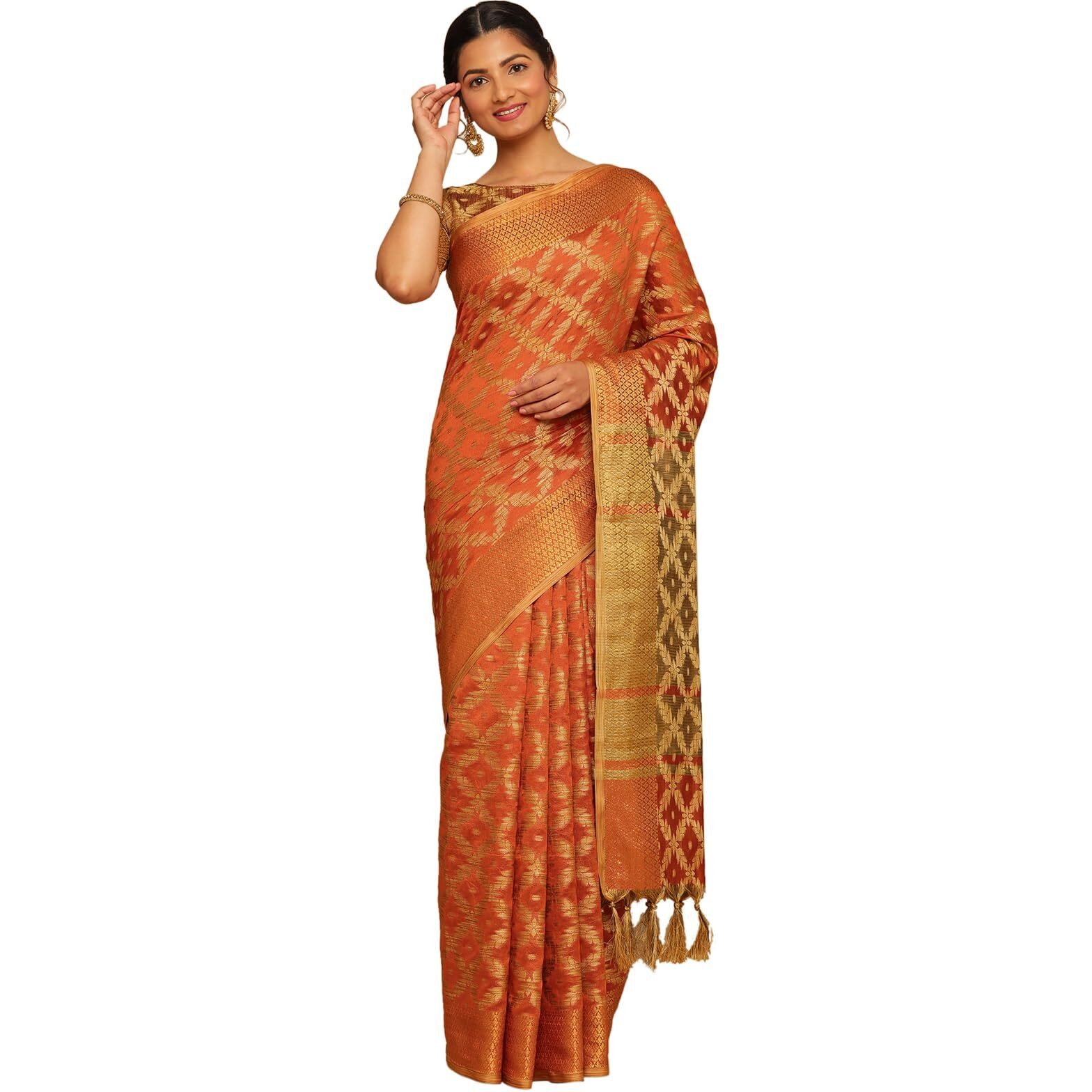 SIRIL Womens Jacquard Cotton Silk Saree with Unstitched Blouse Piece (1415S152_Orange)