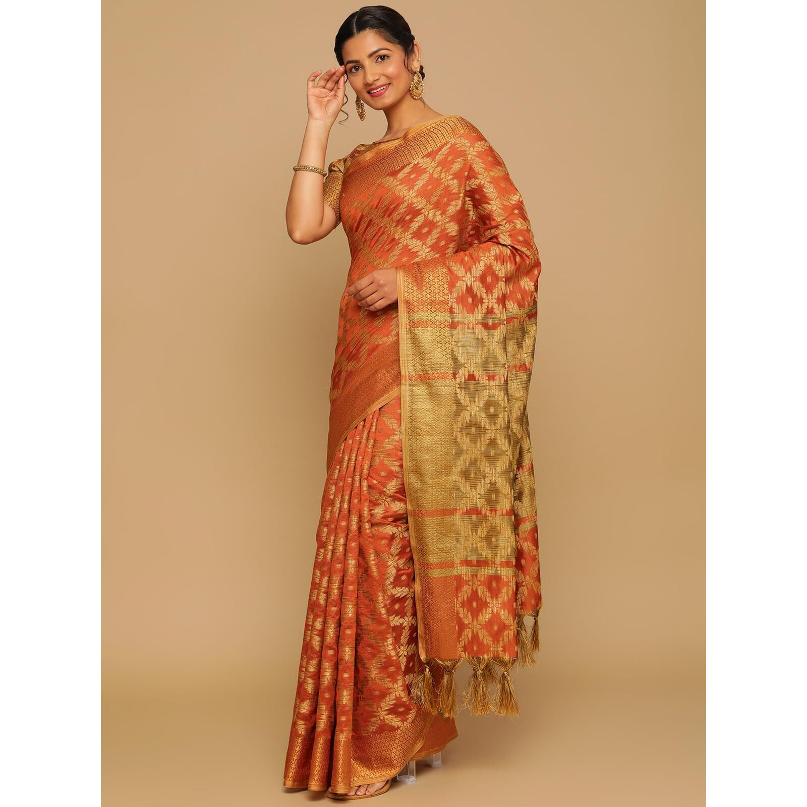 SIRIL Womens Jacquard Cotton Silk Saree with Unstitched Blouse Piece (1415S152_Orange)