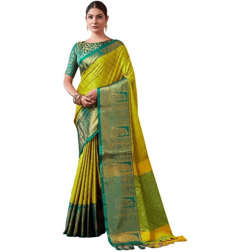 SIRIL Womens Cotton Silk Jacquard Boarder Saree With Unstitched Blouse Piece (3579S2516_Green)