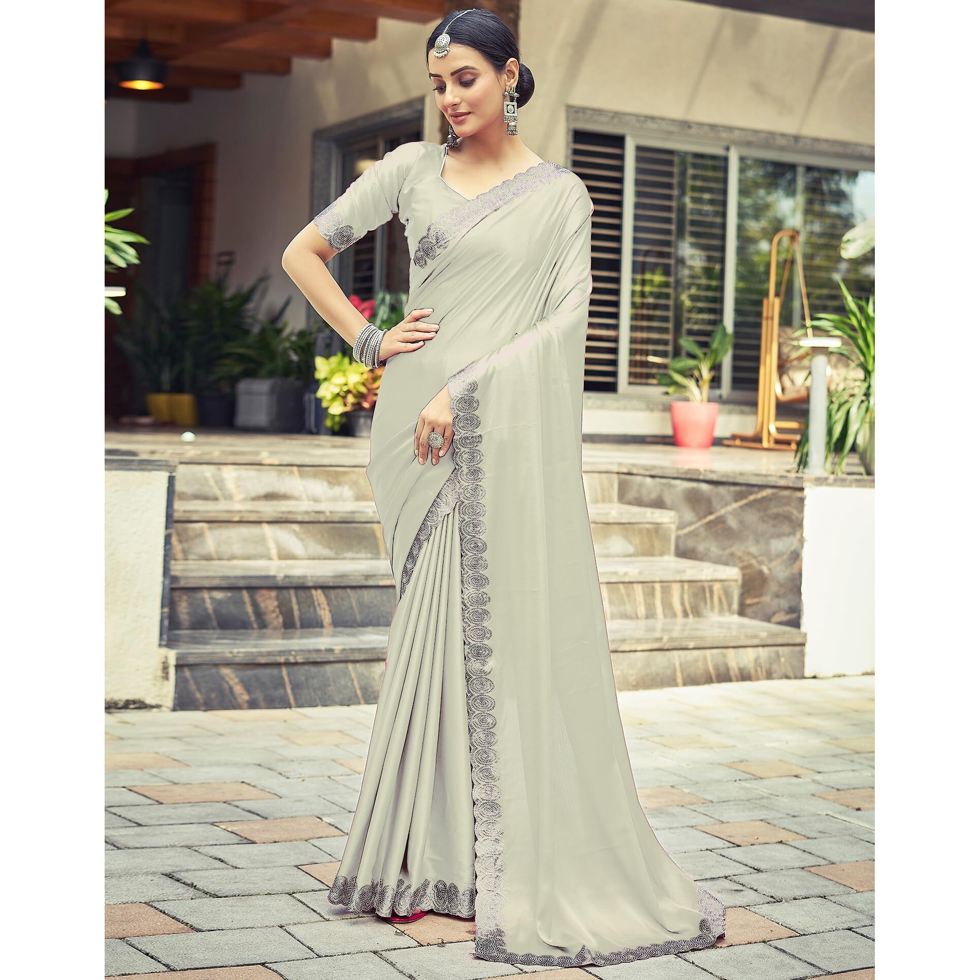 SIRIL Womens Satin Hot Fixing Stone Work Saree With Unstitched Blouse Piece (3111S416_Rama)