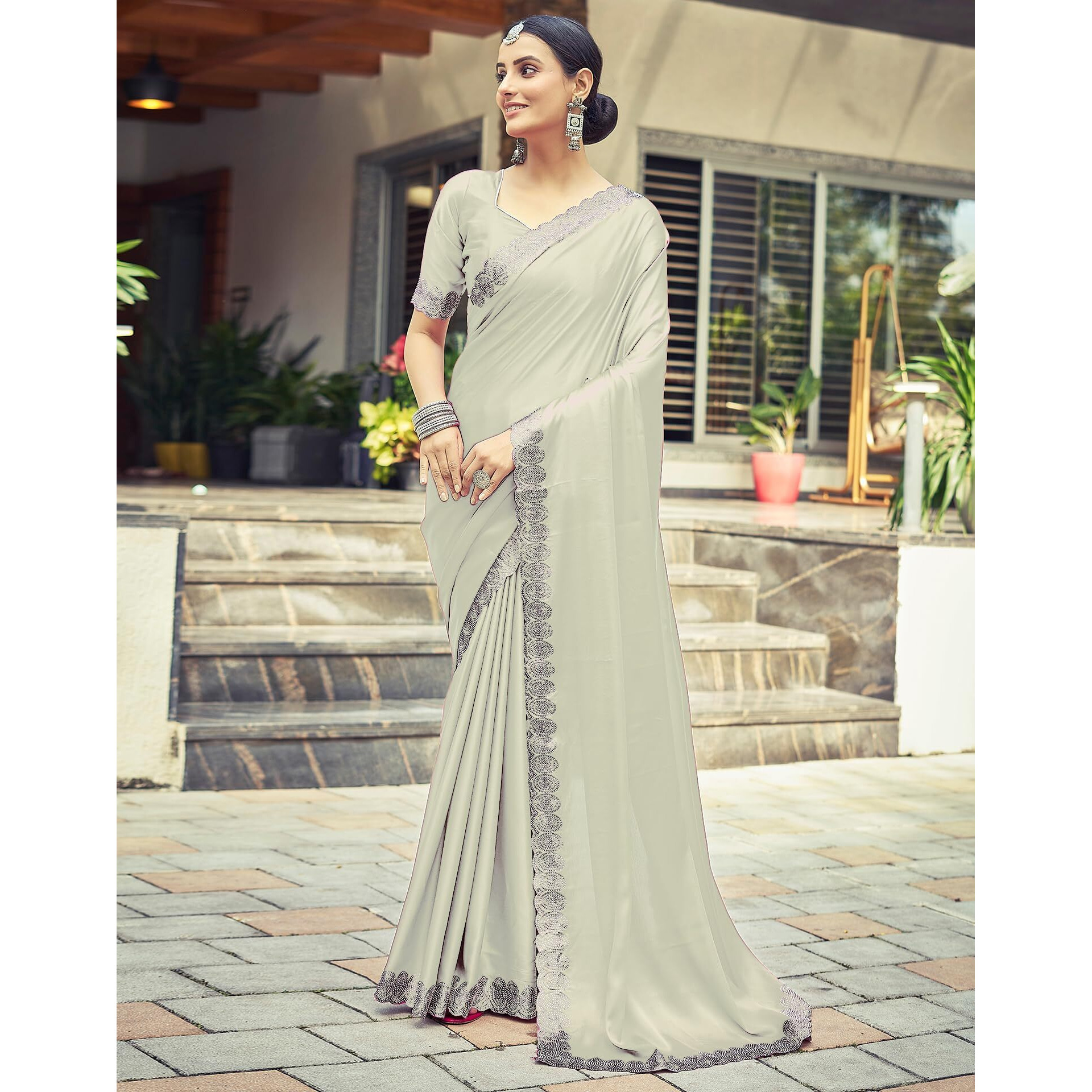 SIRIL Womens Satin Hot Fixing Stone Work Saree With Unstitched Blouse Piece (3111S416_Rama)
