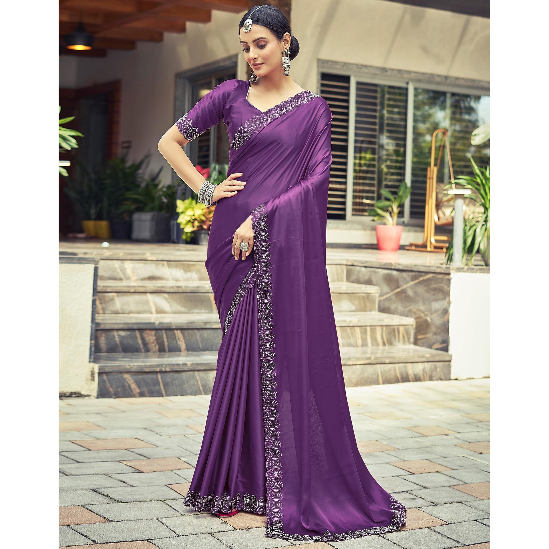 SIRIL Satin Silk Stone Work Saree for Women With Unstitched Blouse Piece (3431S284_Dark Purple)