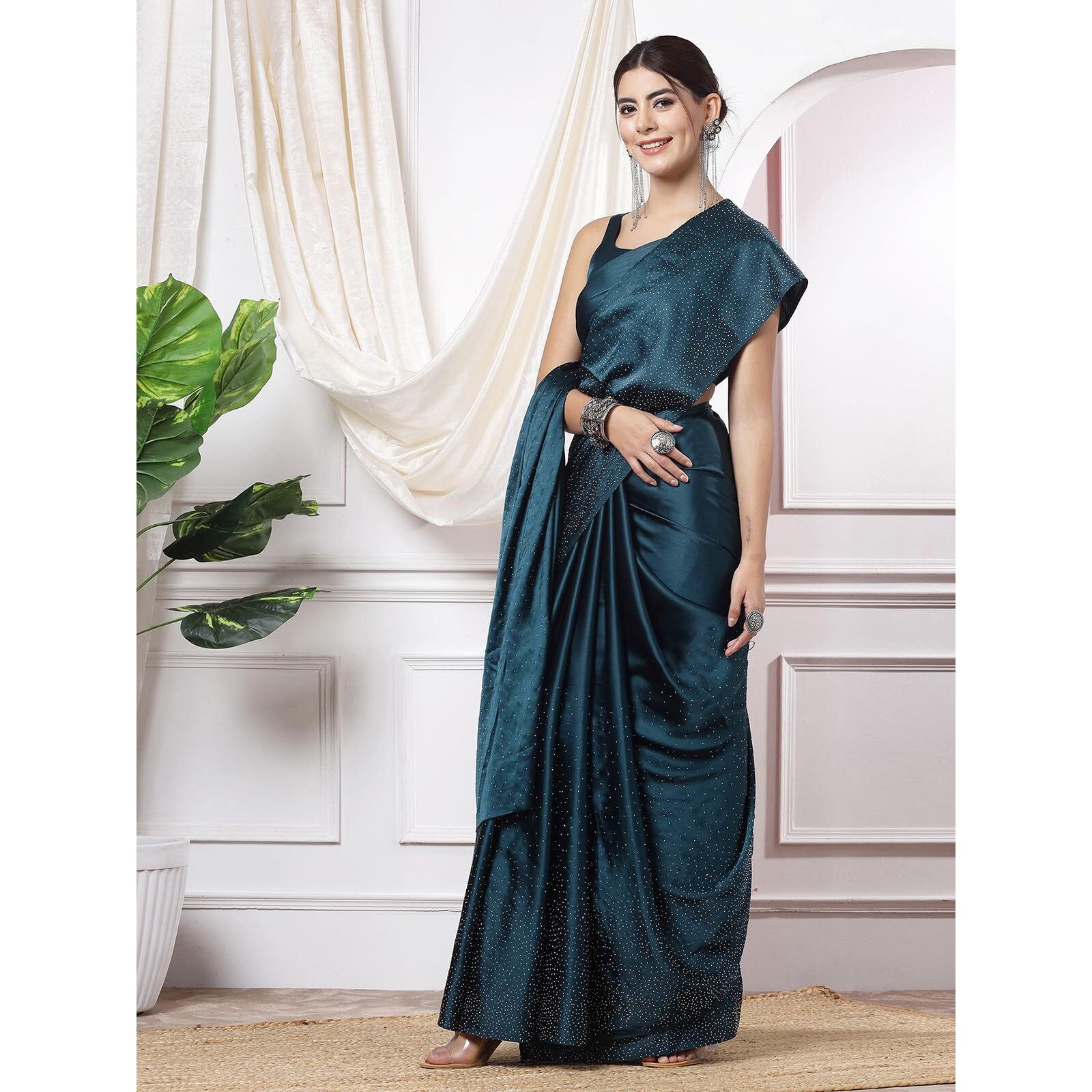 SIRIL Womens Hot Fixing Satin Silk Saree with Unstitched Blouse Piece (3111S413_Teal Blue)