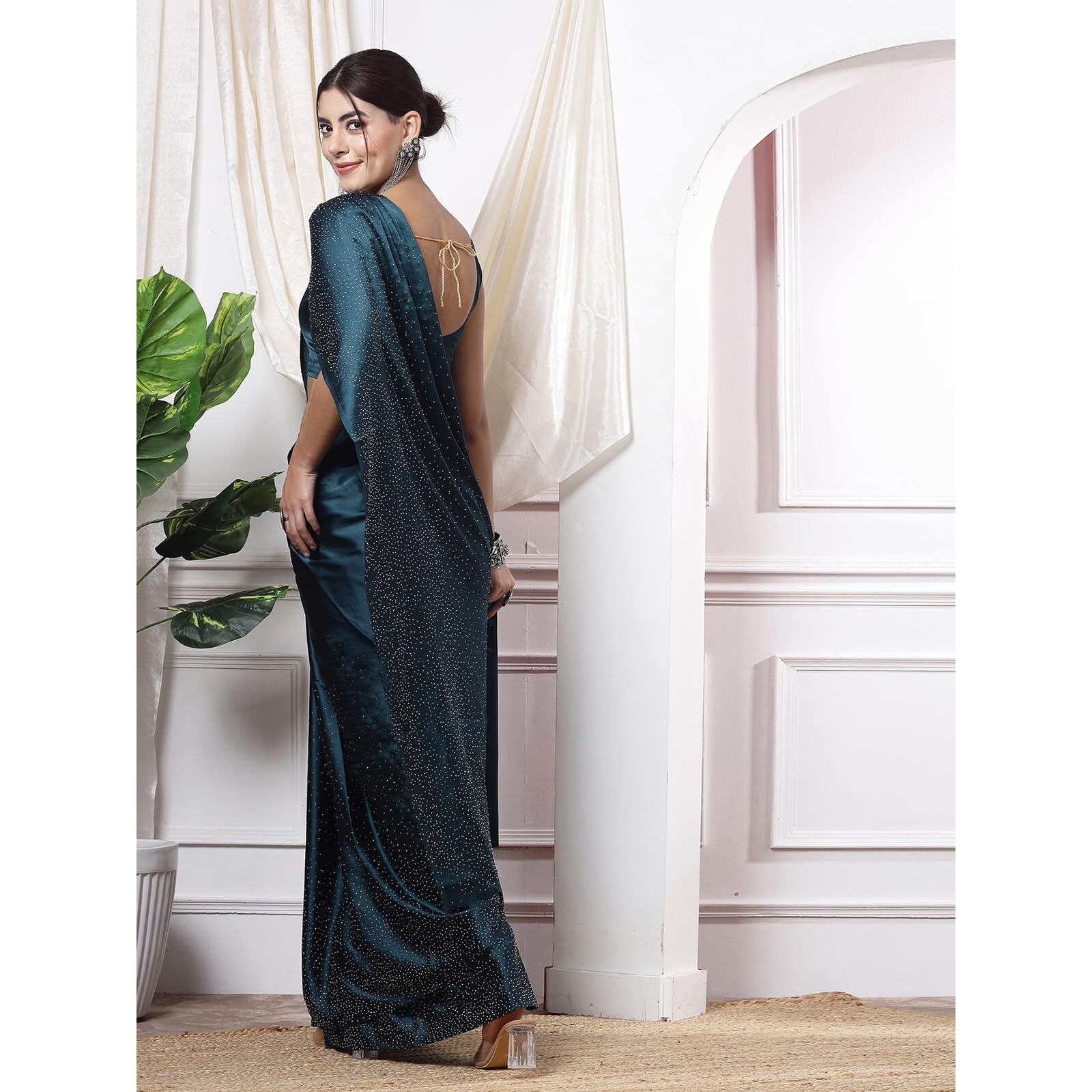 SIRIL Womens Hot Fixing Satin Silk Saree with Unstitched Blouse Piece (3111S413_Teal Blue)