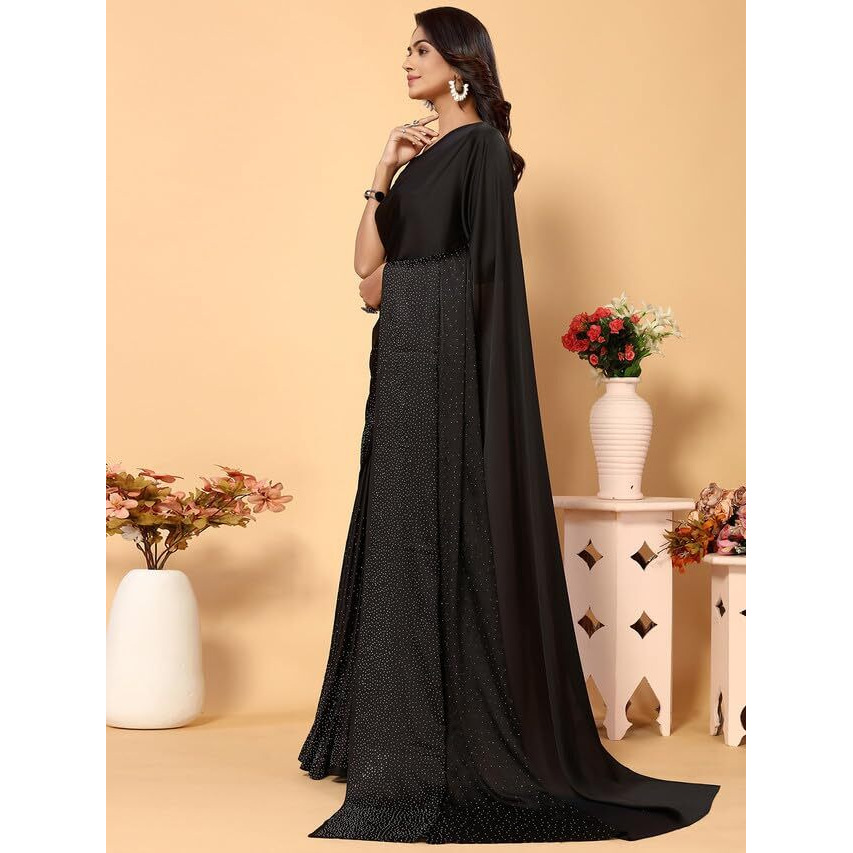 SIRIL Womens Dyed, Hot Fixing Satin Silk Saree with Unstitched Blouse(3111S412_Black)