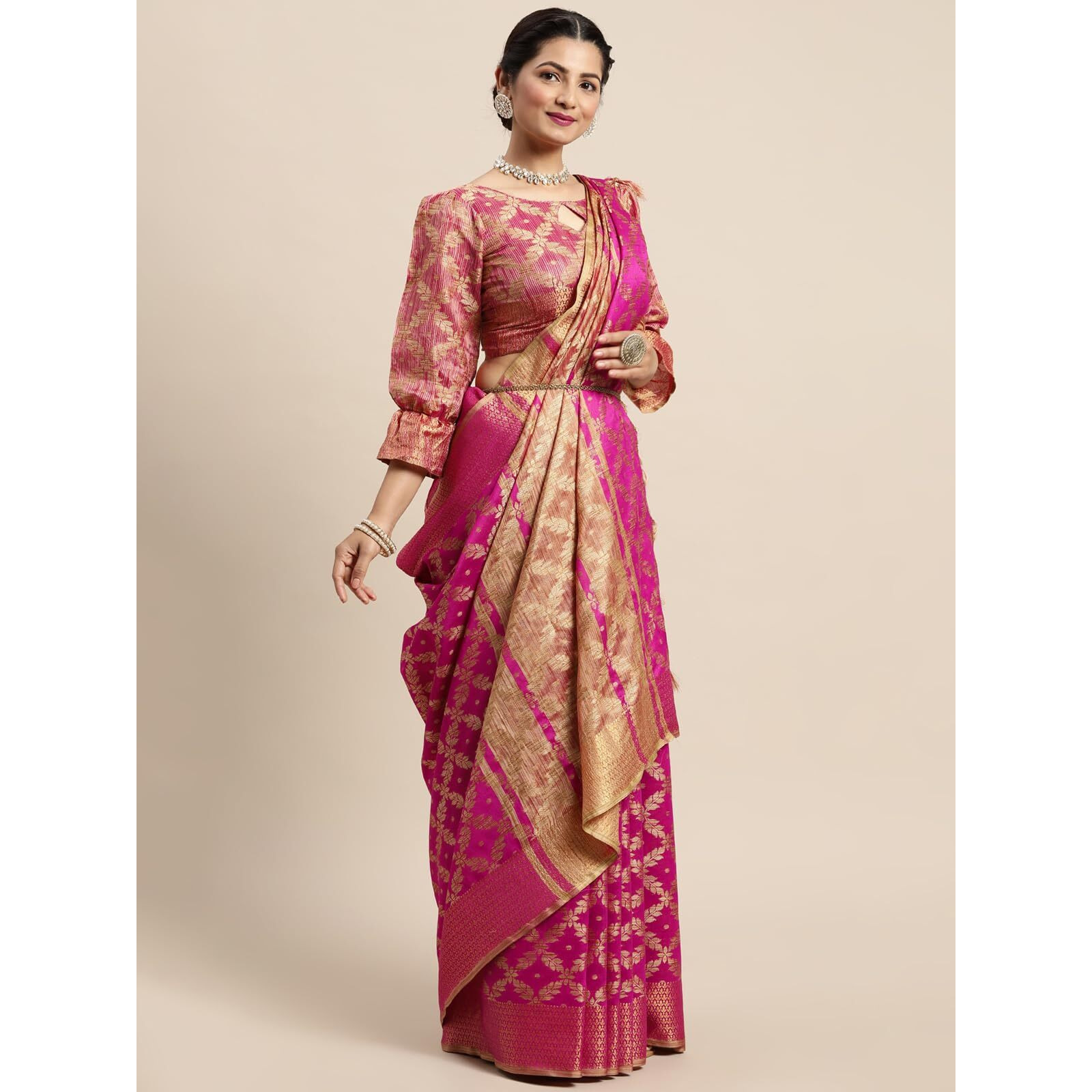 SIRIL Womens Jacquard Cotton Silk Saree with Unstitched Blouse Piece (1415S151_Pink)