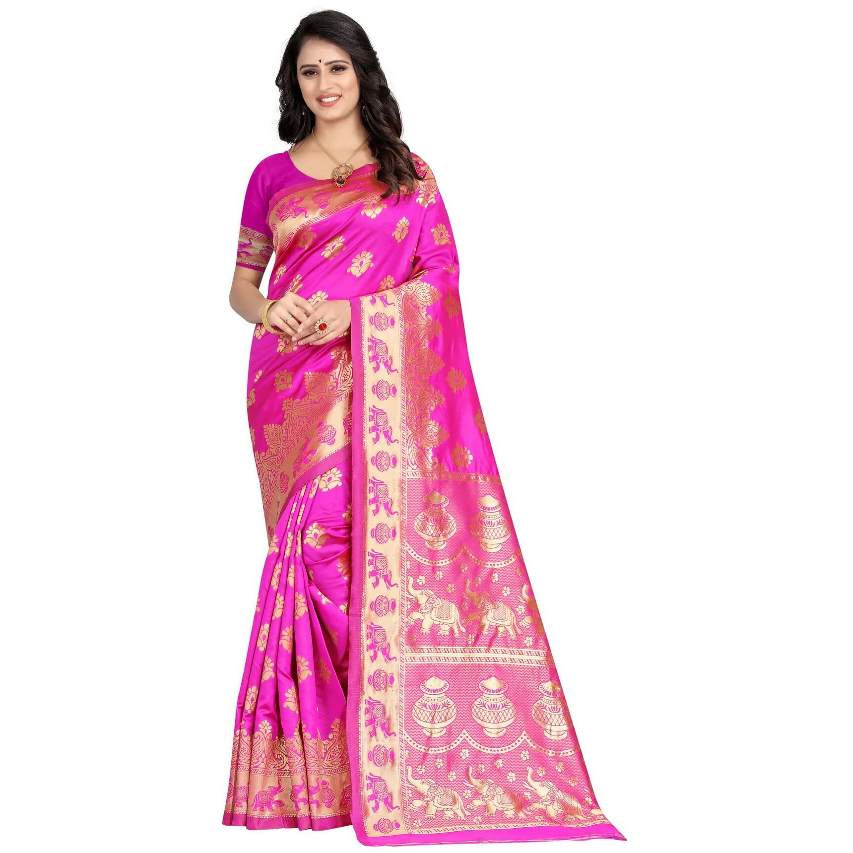 C J Enterprise Womens Pure Kanjivaram Soft Silk Saree Banarasi Design Wear Pattu Sarees Latest Party Cotton Sari collections With Blouse Piece for Wedding sadi new ladies 2024 (Pari9016) (Rani)