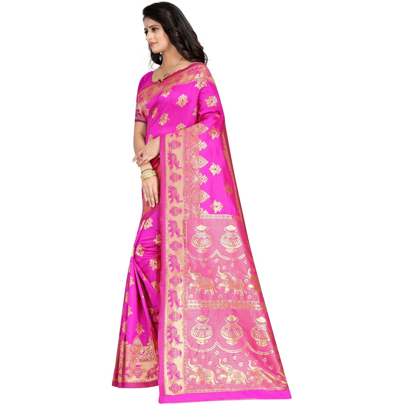 C J Enterprise Womens Pure Kanjivaram Soft Silk Saree Banarasi Design Wear Pattu Sarees Latest Party Cotton Sari collections With Blouse Piece for Wedding sadi new ladies 2024 (Pari9016) (Rani)