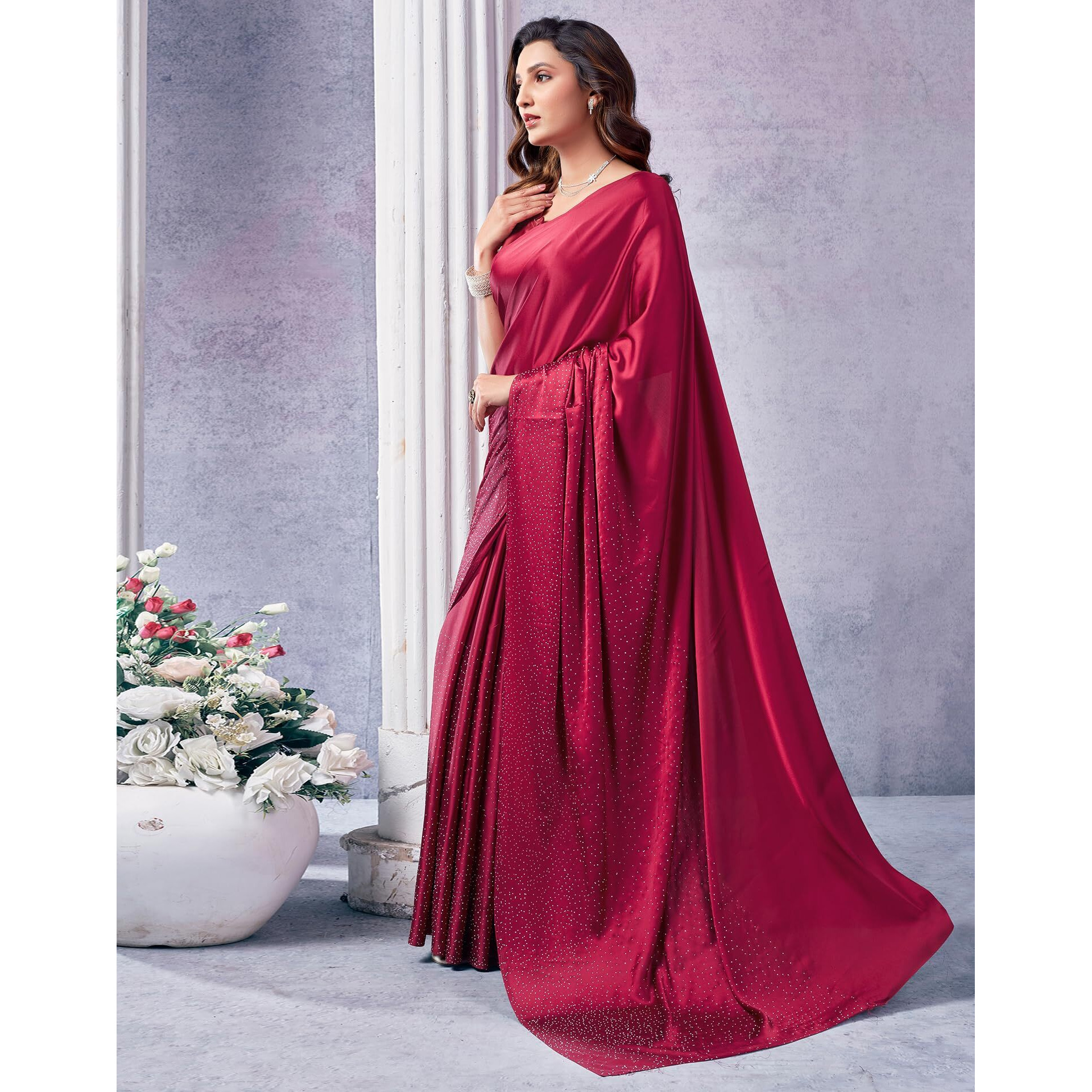 SIRIL Womens Satin Hot Fixing Stone Work Saree With Unstitched Blouse Piece (3111S417_Maroon)