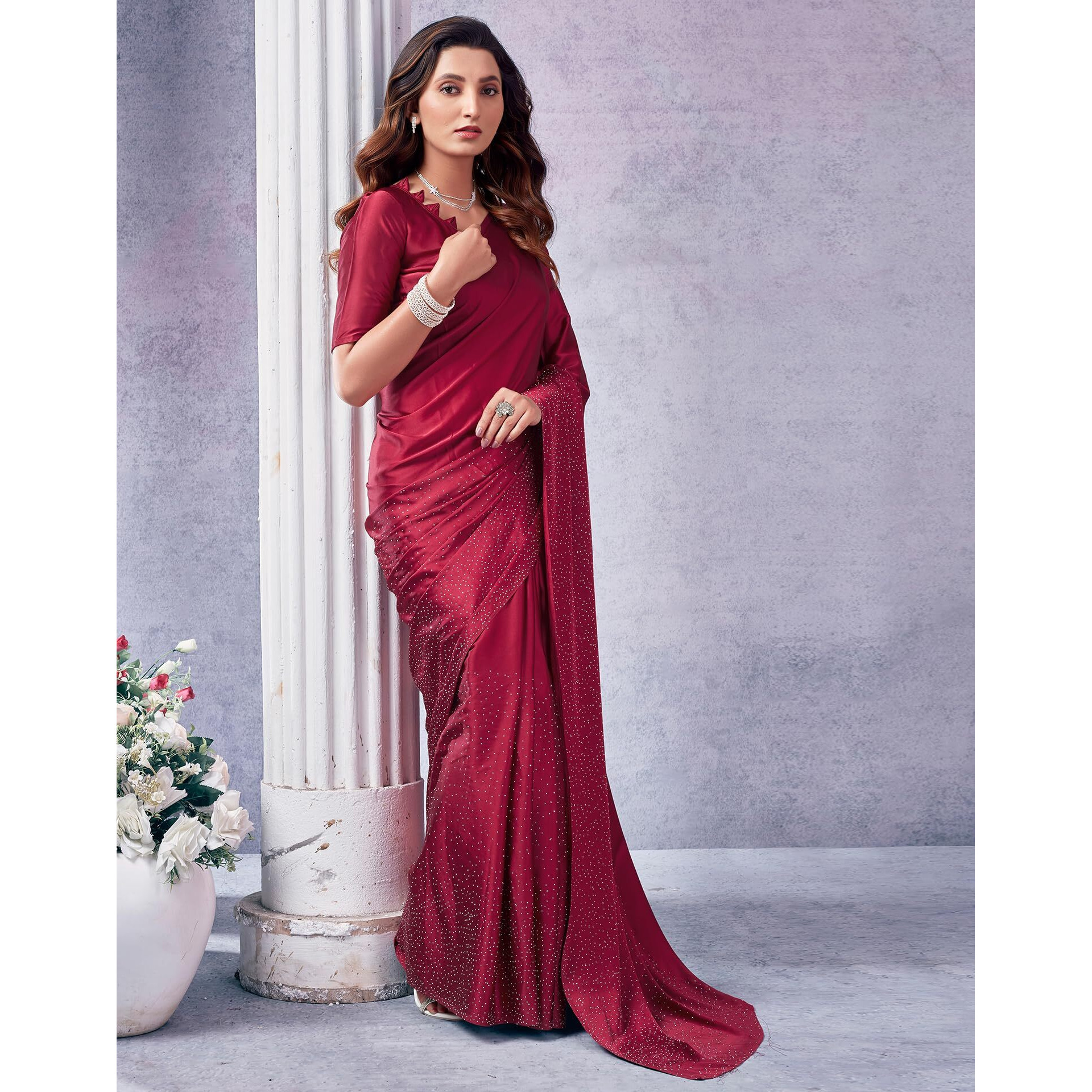 SIRIL Womens Satin Hot Fixing Stone Work Saree With Unstitched Blouse Piece (3111S417_Maroon)