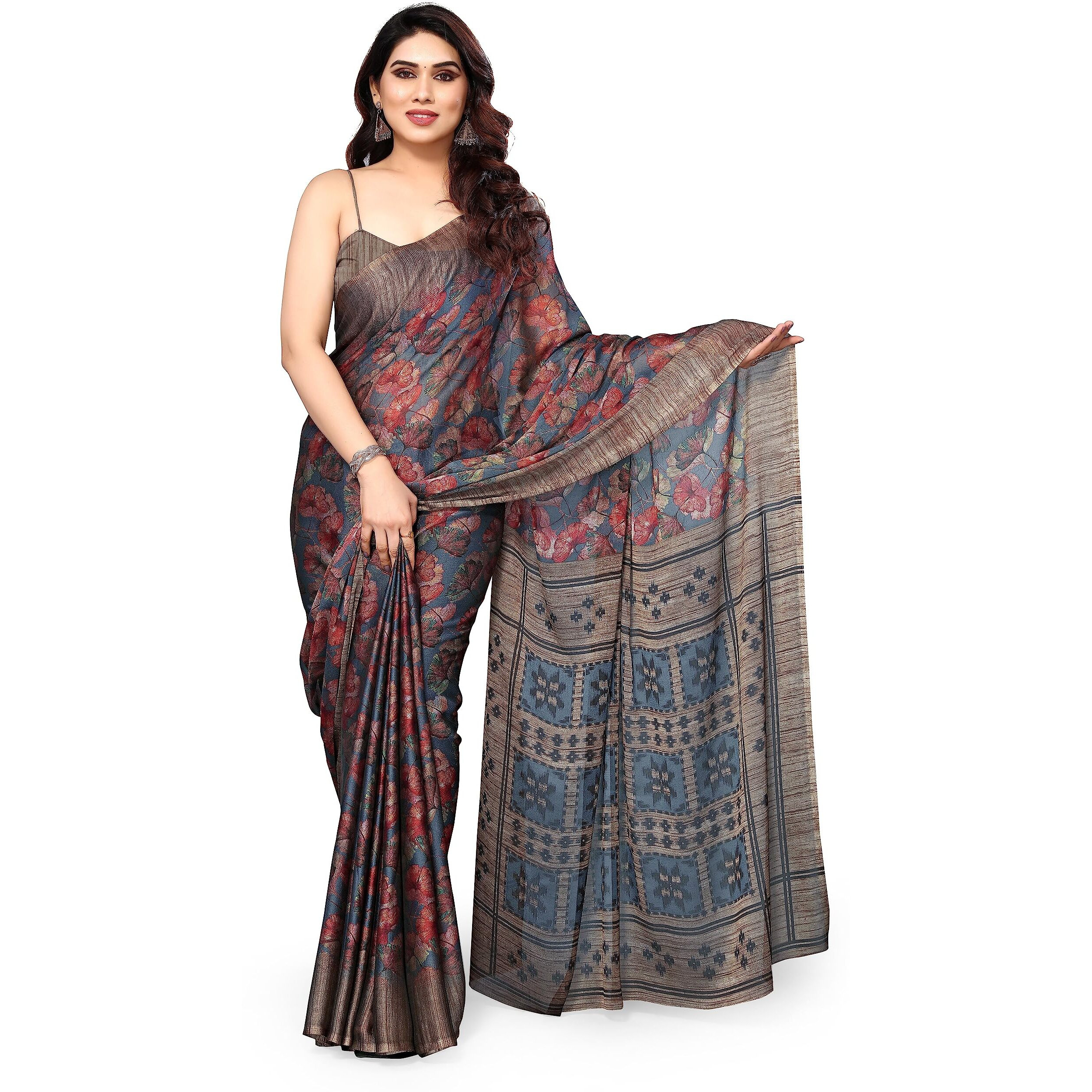 MIRCHI FASHION Womens Plain Weave Chiffon Leaf Printed Saree with Blouse Piece (38672-Grey, Rust)