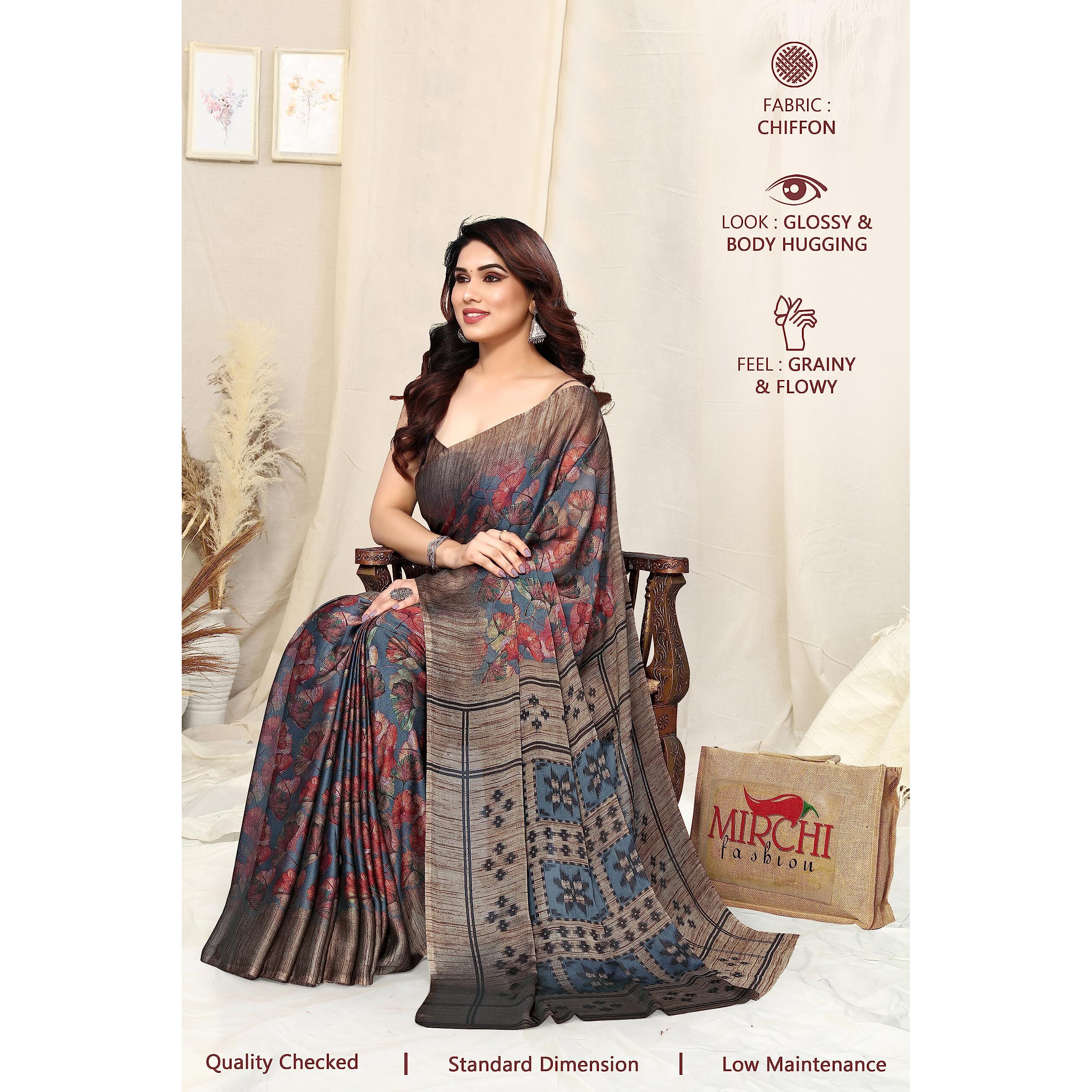 MIRCHI FASHION Womens Plain Weave Chiffon Leaf Printed Saree with Blouse Piece (38672-Grey, Rust)