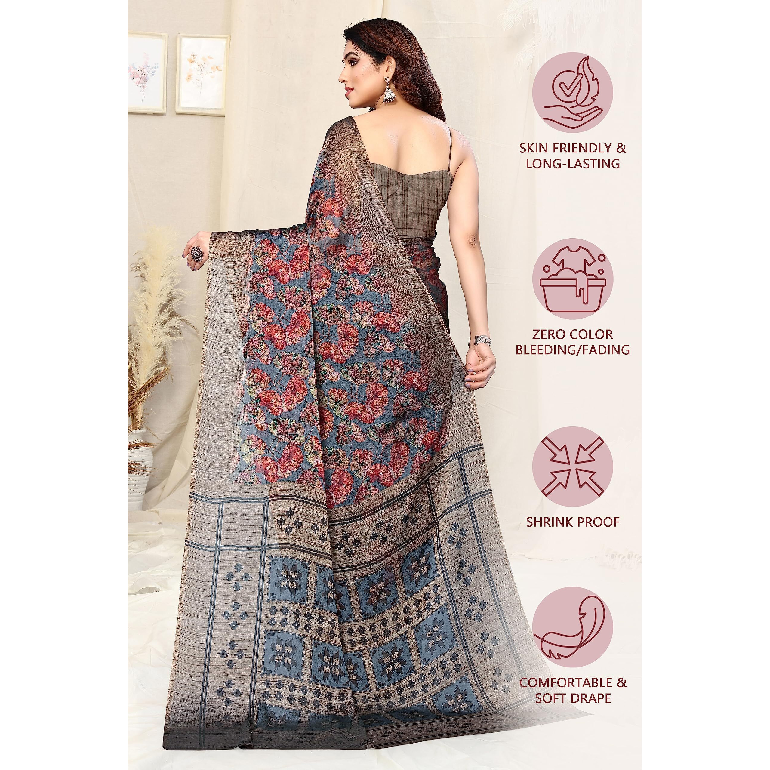 MIRCHI FASHION Womens Plain Weave Chiffon Leaf Printed Saree with Blouse Piece (38672-Grey, Rust)