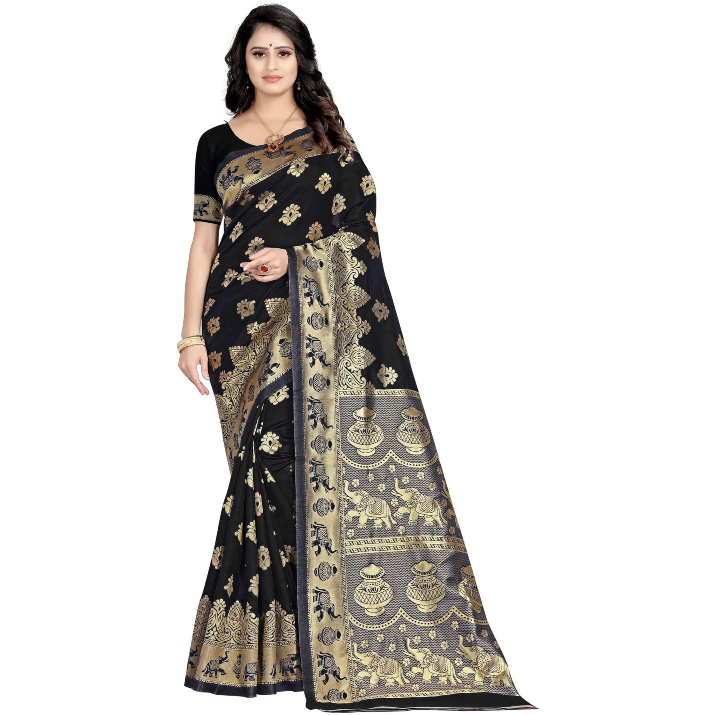 C J Enterprise Womens Pure Kanjivaram Soft Silk Saree With Blouse Piece for Wedding (Pari9016) (Black)