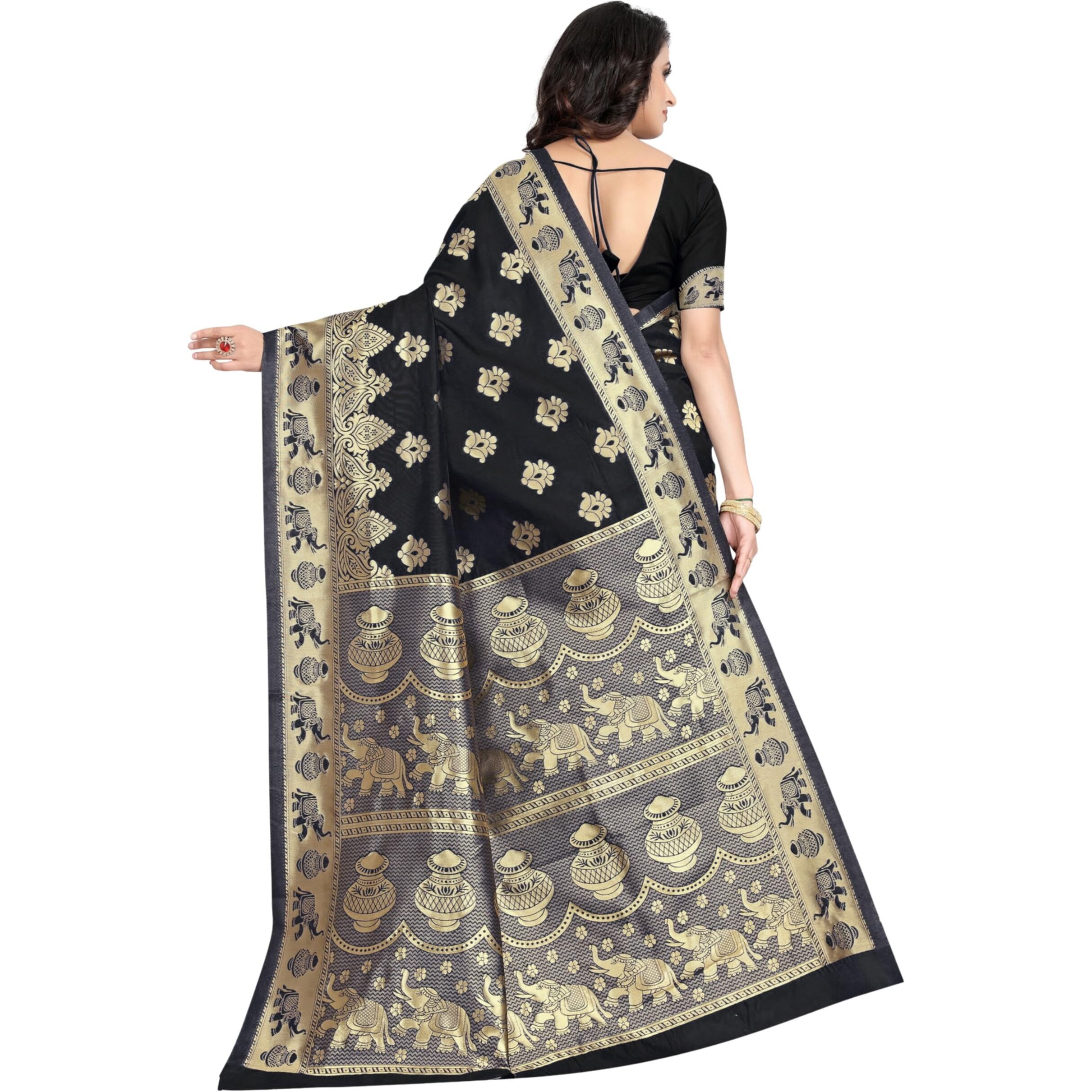C J Enterprise Womens Pure Kanjivaram Soft Silk Saree With Blouse Piece for Wedding (Pari9016) (Black)