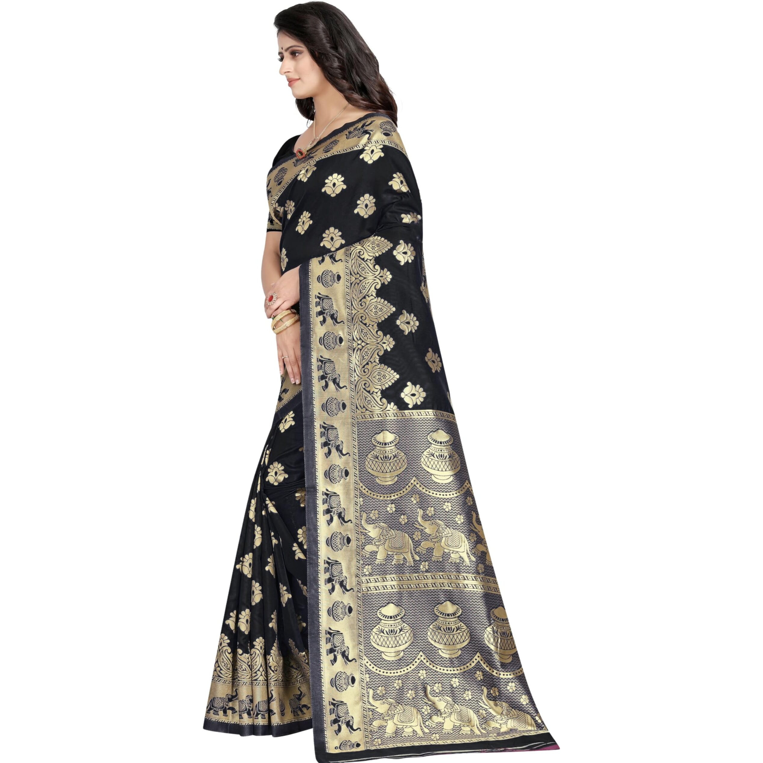C J Enterprise Womens Pure Kanjivaram Soft Silk Saree With Blouse Piece for Wedding (Pari9016) (Black)
