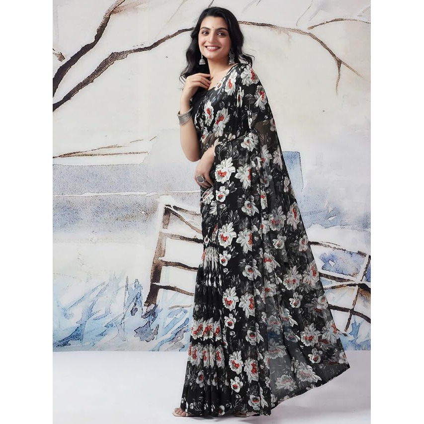 Satrani Womens Pure Georgette Saree (3633S106N_White & Multi1)