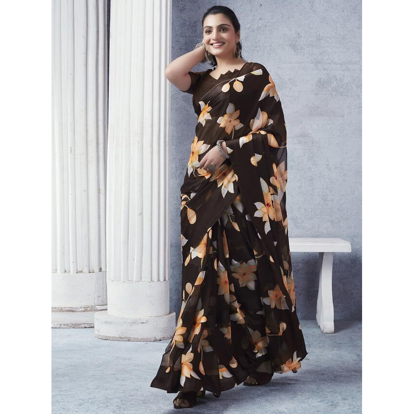 Satrani Womens Pure Georgette Saree (3633S104N_Brown)