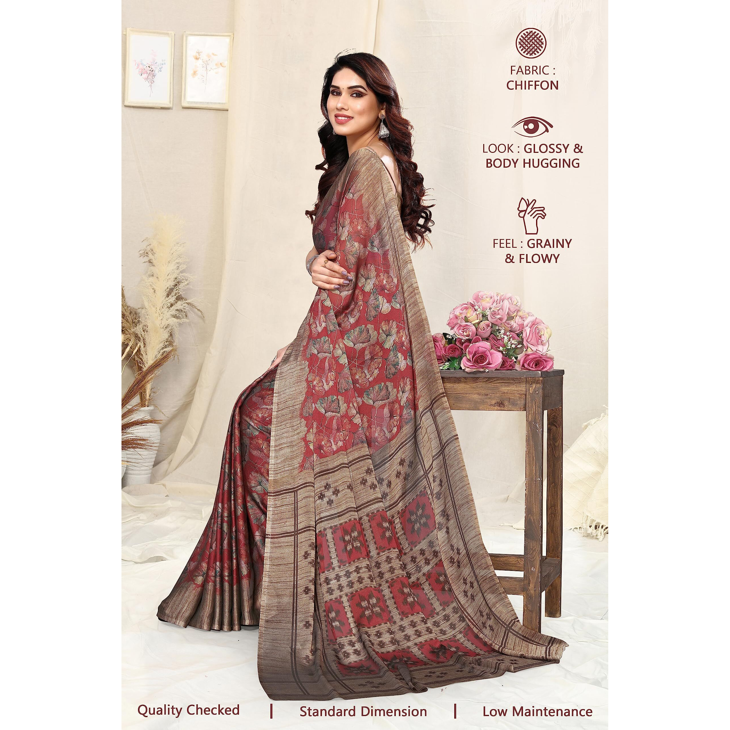 MIRCHI FASHION Womens Plain Weave Chiffon Leaf Printed Saree with Blouse Piece (38674-Maroon, Rust)