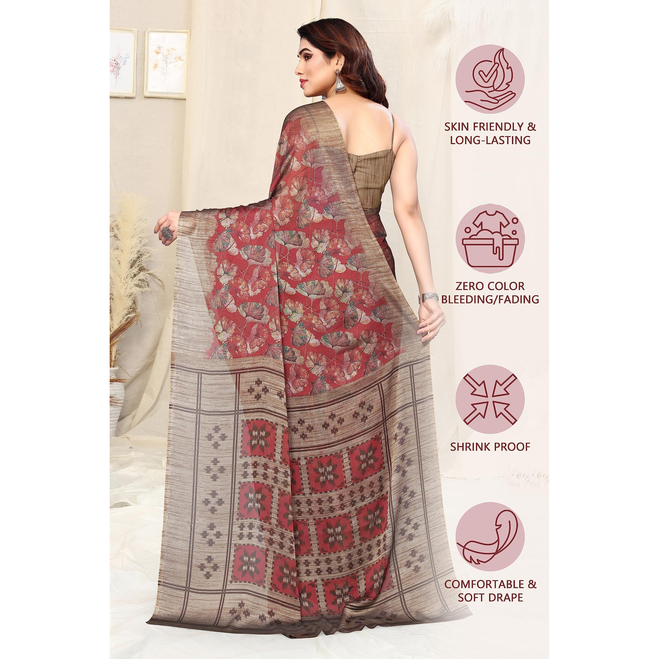 MIRCHI FASHION Womens Plain Weave Chiffon Leaf Printed Saree with Blouse Piece (38674-Maroon, Rust)