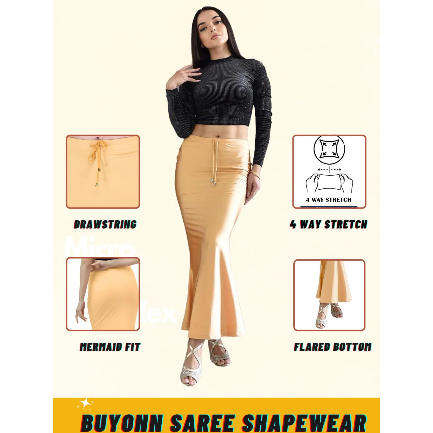 BUYONN Saree Shapewear for Women Saree Petticoat Shapewear for Saree, inskirt for Saree Shapewear, Peticote innerwear for Women Lycra Saree Shaper for saree (X-Large Beige-Fish cut0
