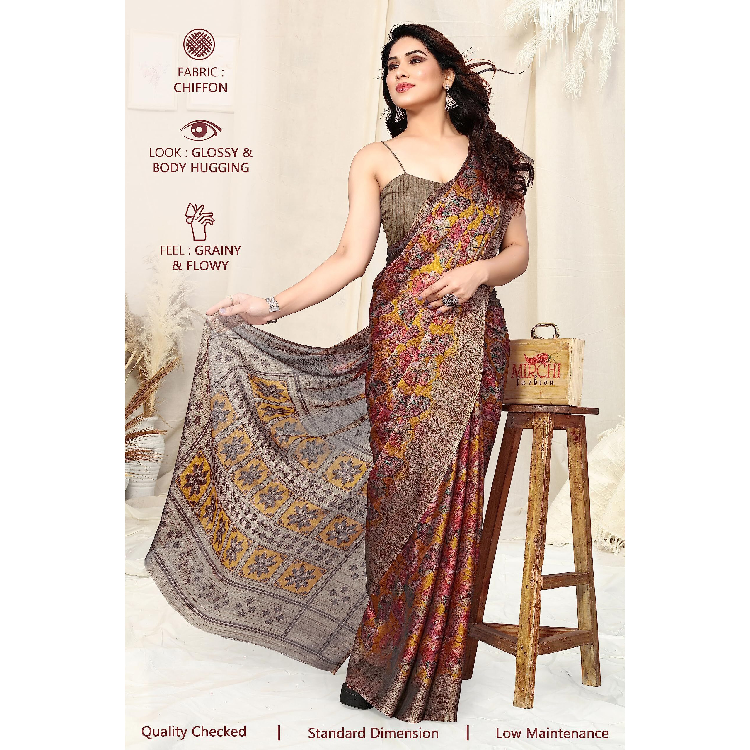 MIRCHI FASHION Womens Plain Weave Chiffon Leaf Printed Saree with Blouse Piece (38673-Mustard, Rust)