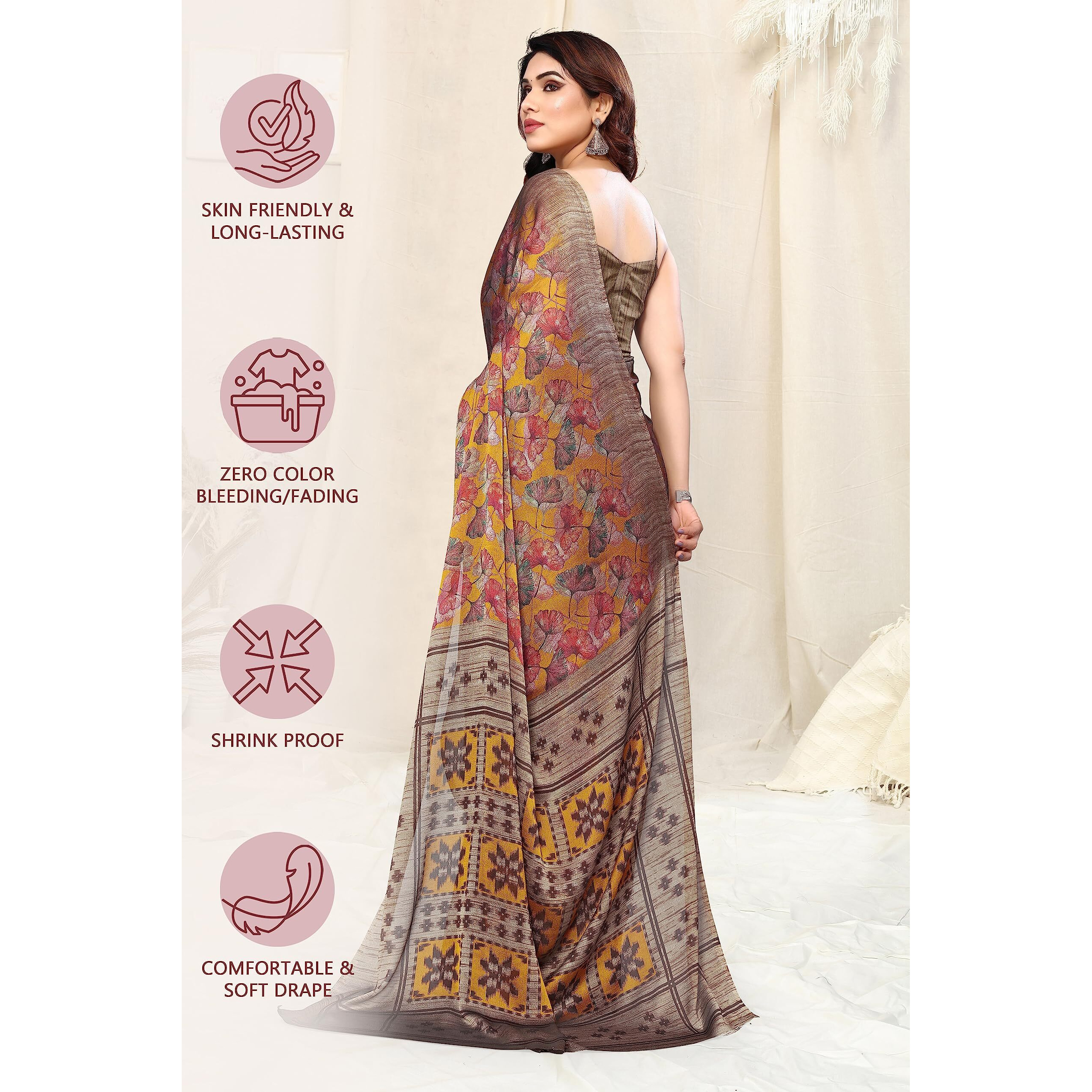 MIRCHI FASHION Womens Plain Weave Chiffon Leaf Printed Saree with Blouse Piece (38673-Mustard, Rust)
