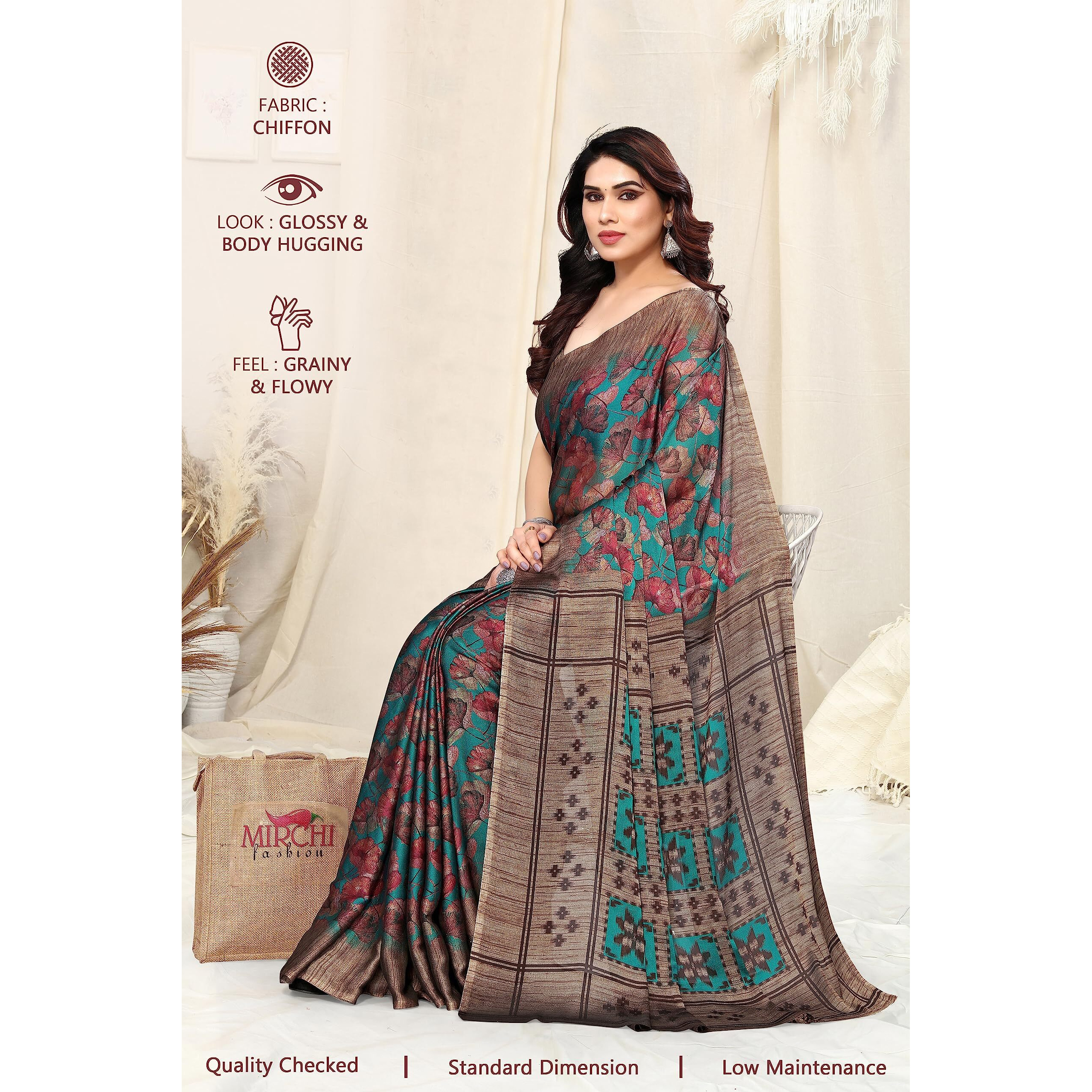 MIRCHI FASHION Womens Plain Weave Chiffon Leaf Printed Saree with Blouse Piece (38671-Teal, Rust)